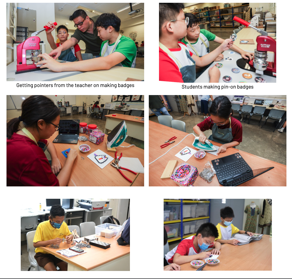 Six photos show students making badges and bead crafts with a teacher guiding them in a classroom workshop.