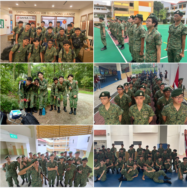 Students in green camouflage uniforms and berets posing and standing in formation across six outdoor and indoor settings.