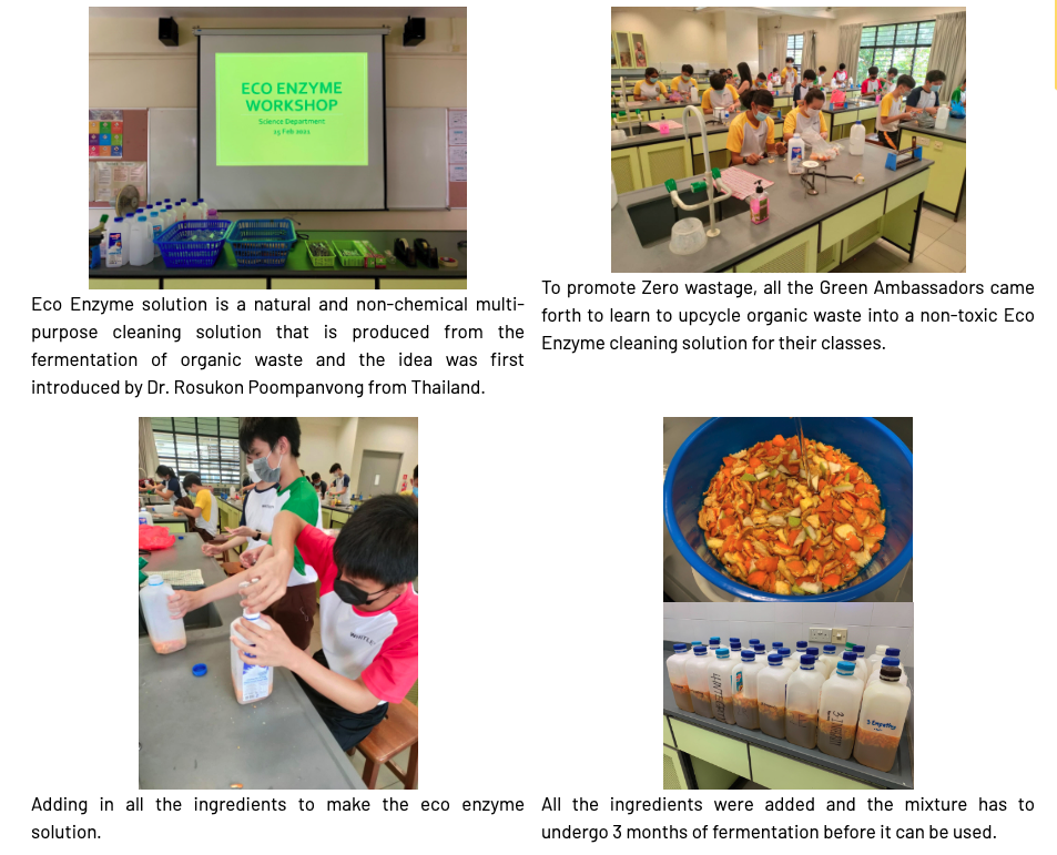 Four photos show an Eco Enzyme Workshop with students in a lab, a fruit scraps bowl, and bottled enzyme solution.