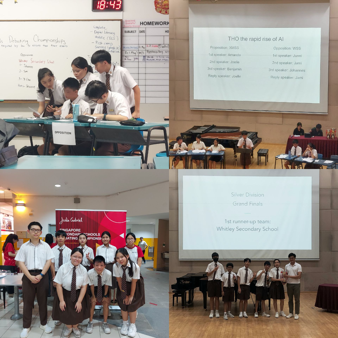 Four scenes from a school debating championship showing students competing, a slide, and a group photo.