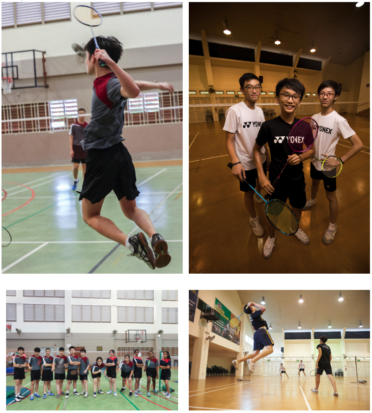 Four photos of young badminton players in gyms, showing matches, team poses, and jump smashes.