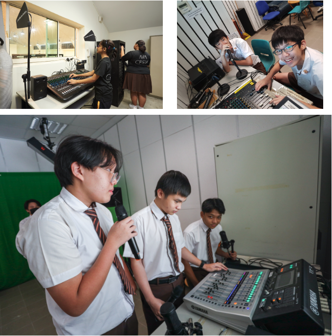 Three photos of school students in uniforms operating audio mixing consoles and microphones in a broadcast studio.