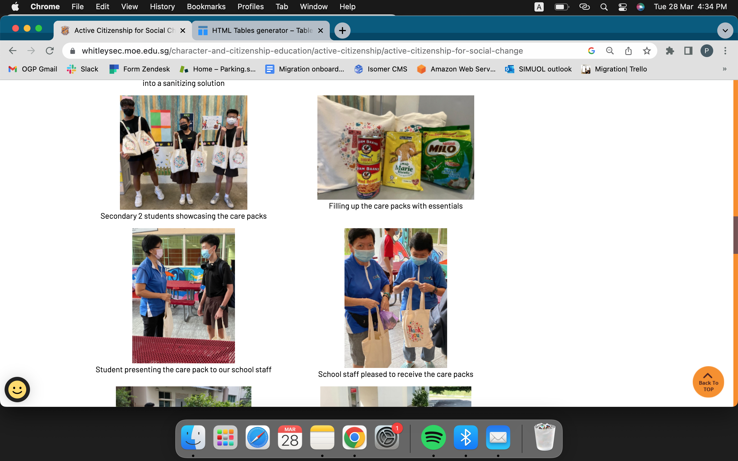 A school webpage showing students and staff with decorated tote bags filled with essential goods as care packs.