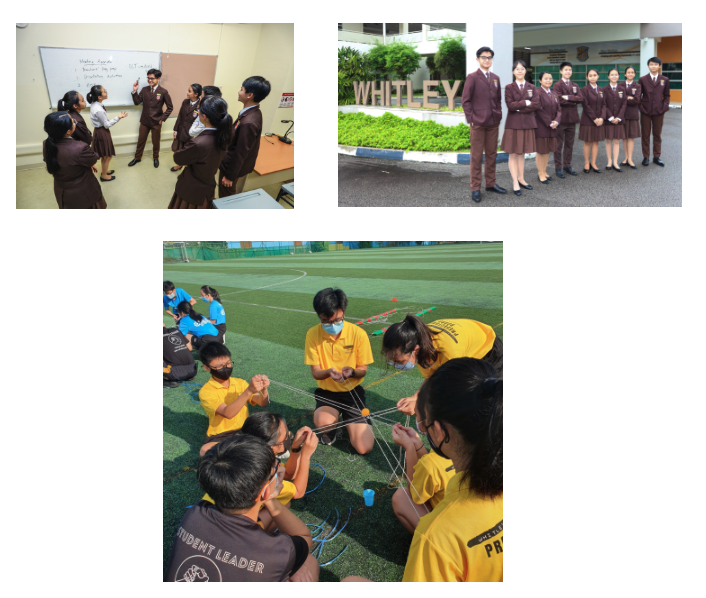 Students in brown uniforms in a classroom and outside Whitley school, plus youth in yellow doing a team activity on a field.
