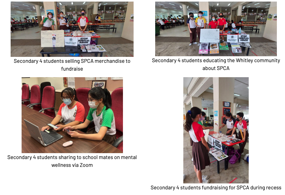 Four photos show Secondary 4 students doing SPCA fundraising, community education, and mental wellness sharing via Zoom.