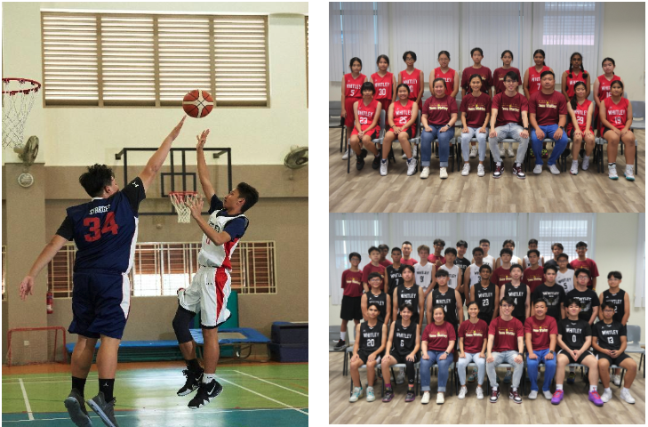 Two players jump for a basketball in a gym; two team photos show youth in red and black jerseys.