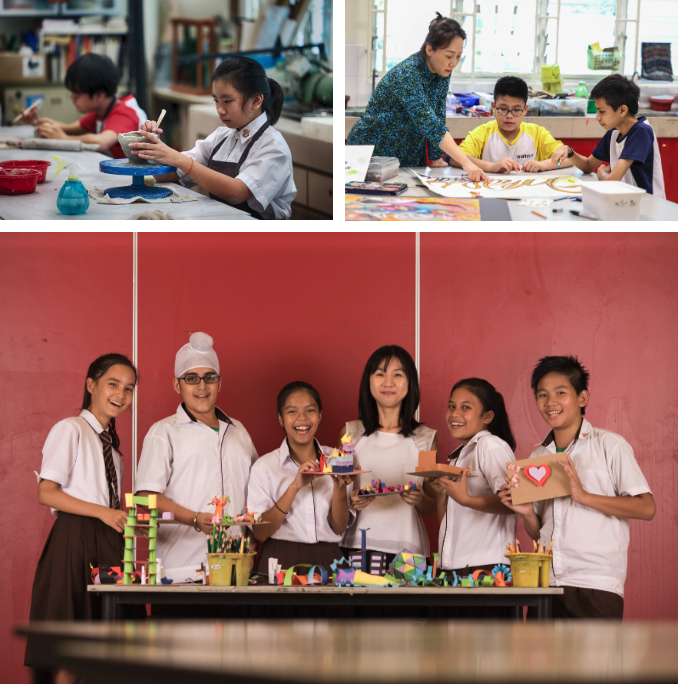 Students and a teacher smile while displaying colorful craft projects, with smaller photos showing pottery and painting activities.