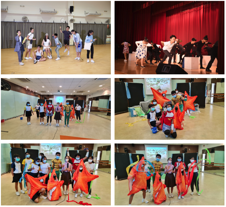 Six photos of students in costumes performing dances and drama, some holding large starfish props and wearing masks.