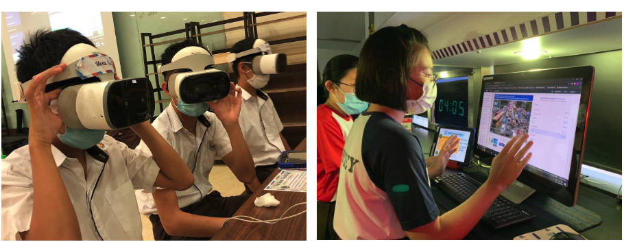 Students wearing masks use VR headsets on the left, while a student gestures at a computer monitor on the right.