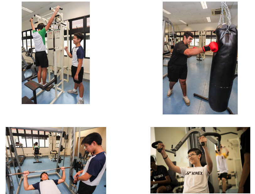Four gym scenes showing students using cable machines, boxing a punching bag, bench pressing, and using a lat pulldown machine.