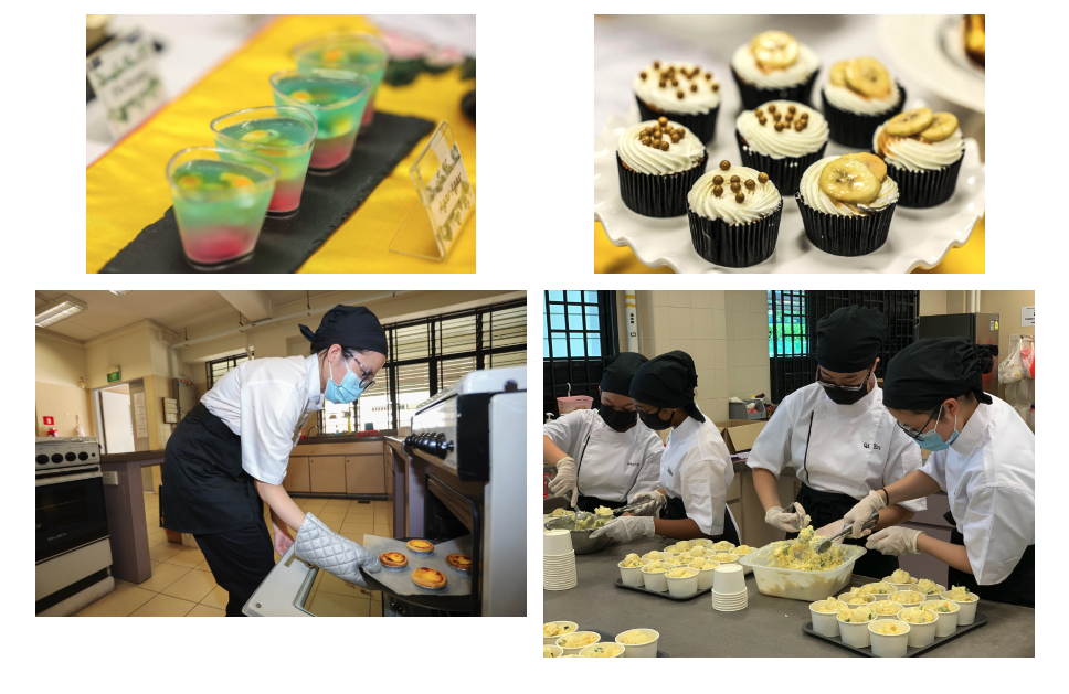 Four-panel collage of student chefs in a kitchen baking and plating food, plus colorful jelly cups and decorated cupcakes.
