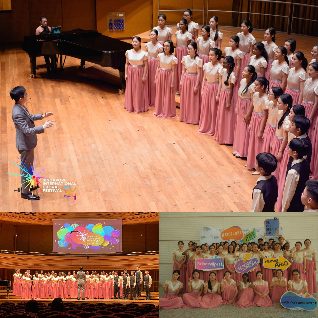 A choir in pink skirts performs at the Singapore International Choral Festival, shown in three photos with a conductor.