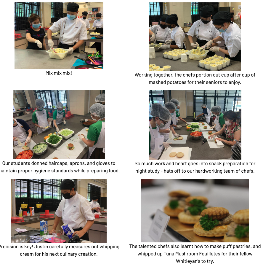 Six photos show masked students in chef attire preparing food including mashed potatoes, sandwiches, and puff pastries.