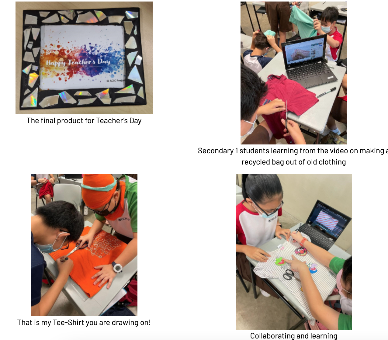 Students making Teacher's Day crafts and recycled bags from old clothing, using laptops for guidance.