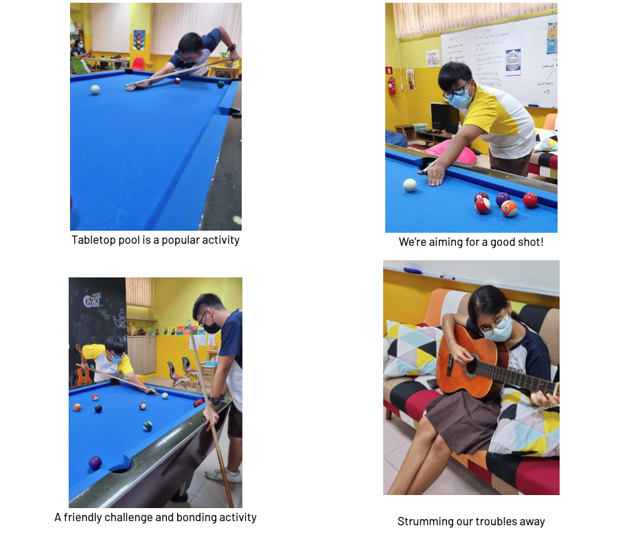Four photos show youth playing pool on a blue billiard table and one person playing an acoustic guitar on a couch.