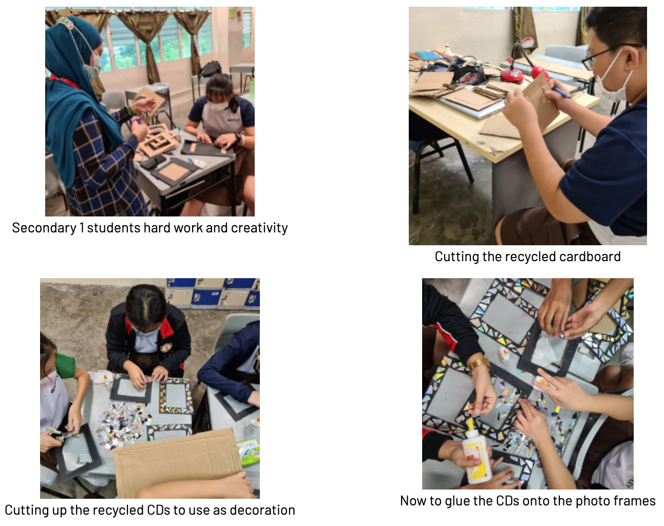 Students making photo frames by cutting recycled cardboard and CDs, then gluing CD pieces as mosaic decoration.