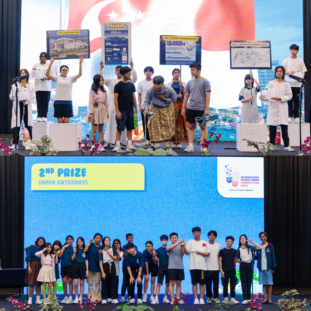 Students perform on stage holding water topic posters, and pose together after winning 2nd Prize at the 2024 International Science Drama Competition.