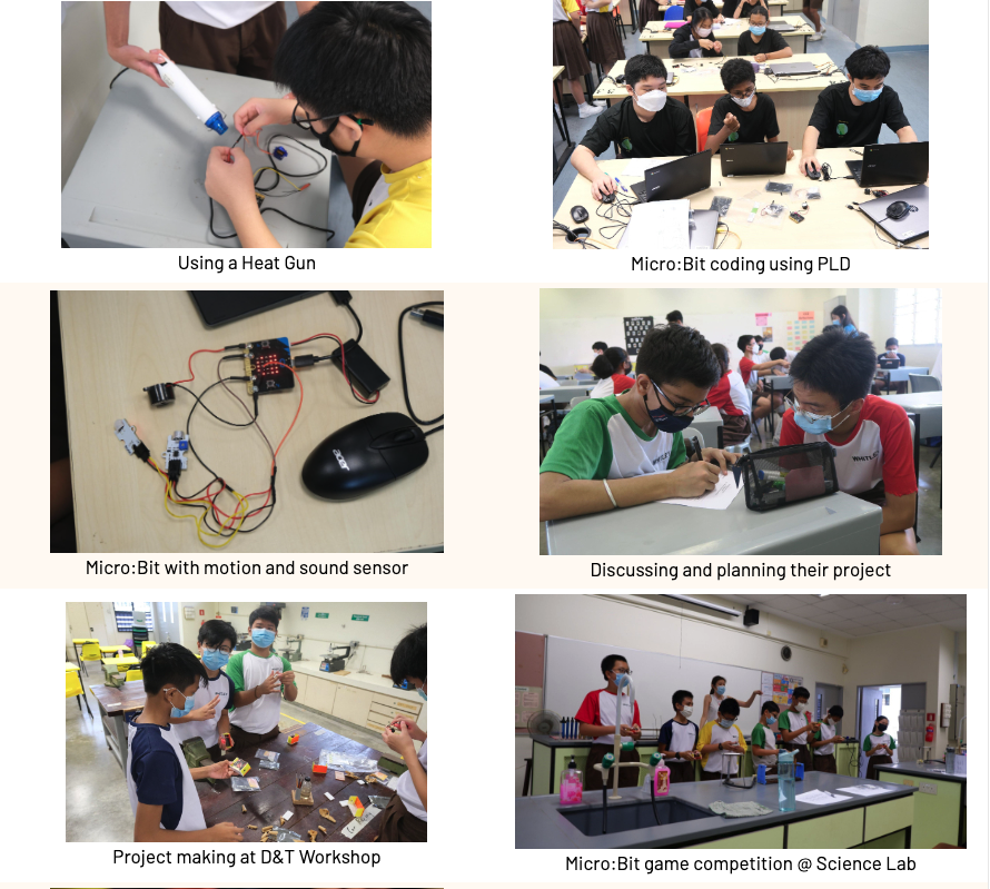 Six photos show masked students doing STEM activities including coding, building circuits, and a Micro:Bit competition.