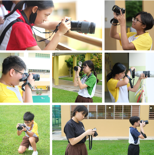 Seven students in school uniforms hold and use cameras outdoors in a collage of seven photos.