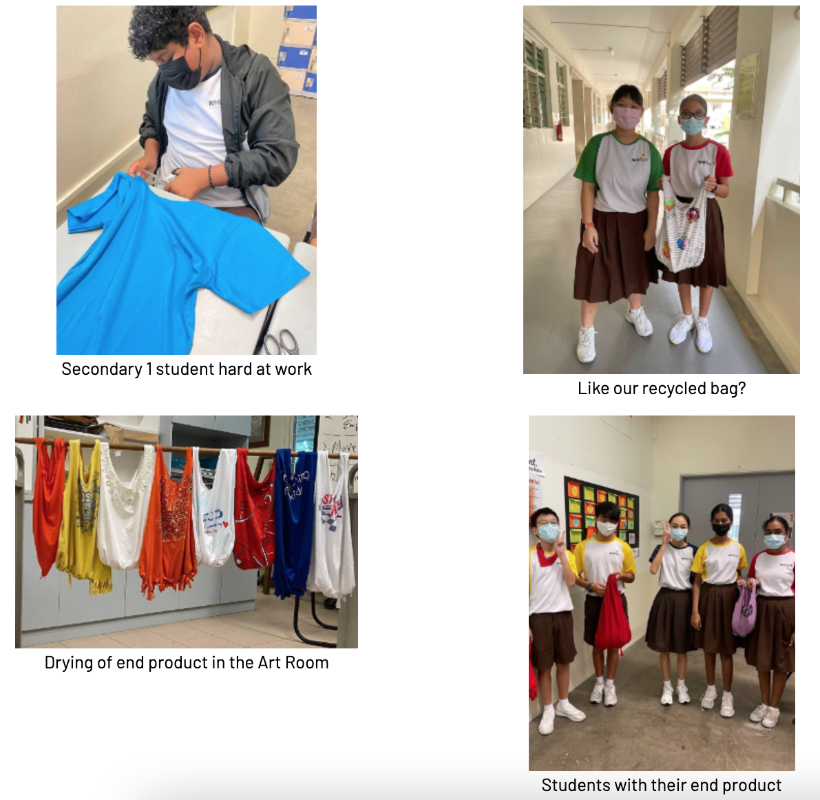 Students making and displaying recycled bags from old t-shirts, shown cutting, drying, and holding finished bags.