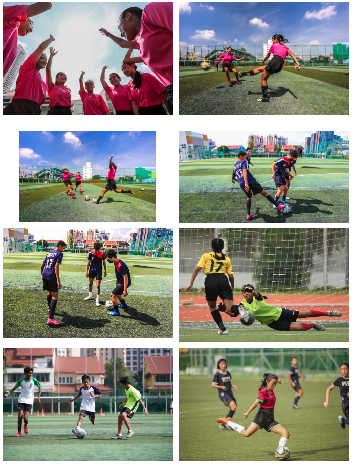 Eight photos showing youth soccer players in pink, blue, and green jerseys playing and celebrating on outdoor fields.