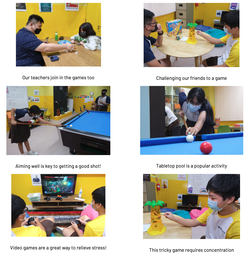 Six photos of masked students and teachers playing pool, board games, and video games in a yellow-walled room.