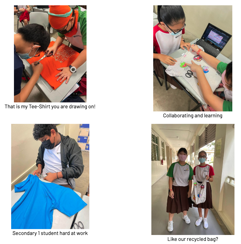 Four photos show masked students crafting: cutting shirts, decorating fabric, and displaying a recycled bag made from a t-shirt.