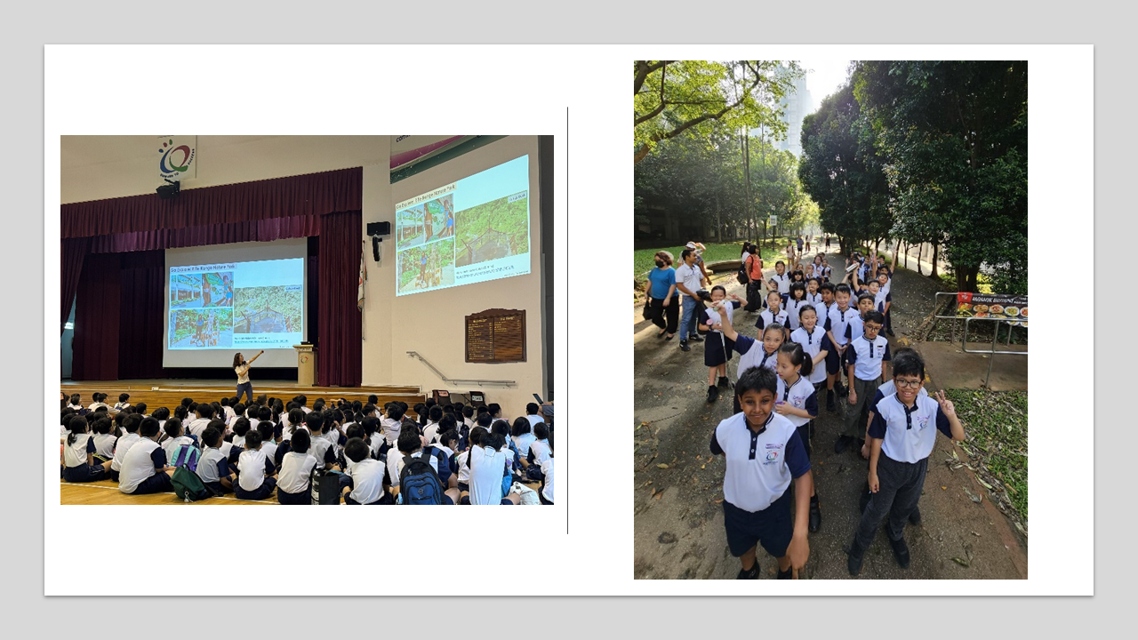 Students in uniform attend a hall presentation, then pose cheerfully during an outdoor nature walk along a tree-lined path.