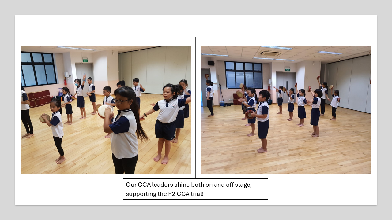 Children in school uniforms practice tambourine movements barefoot in an indoor hall during a CCA trial session.