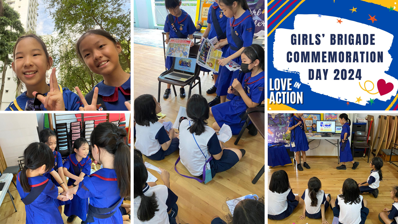 Girls in blue uniforms participate in activities at Girls' Brigade Commemoration Day 2024 with a Love in Action theme.