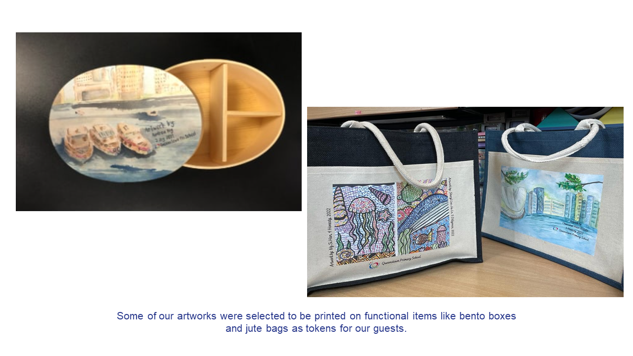 A wooden bento box lid painted with boats and two jute tote bags printed with colorful student artworks.