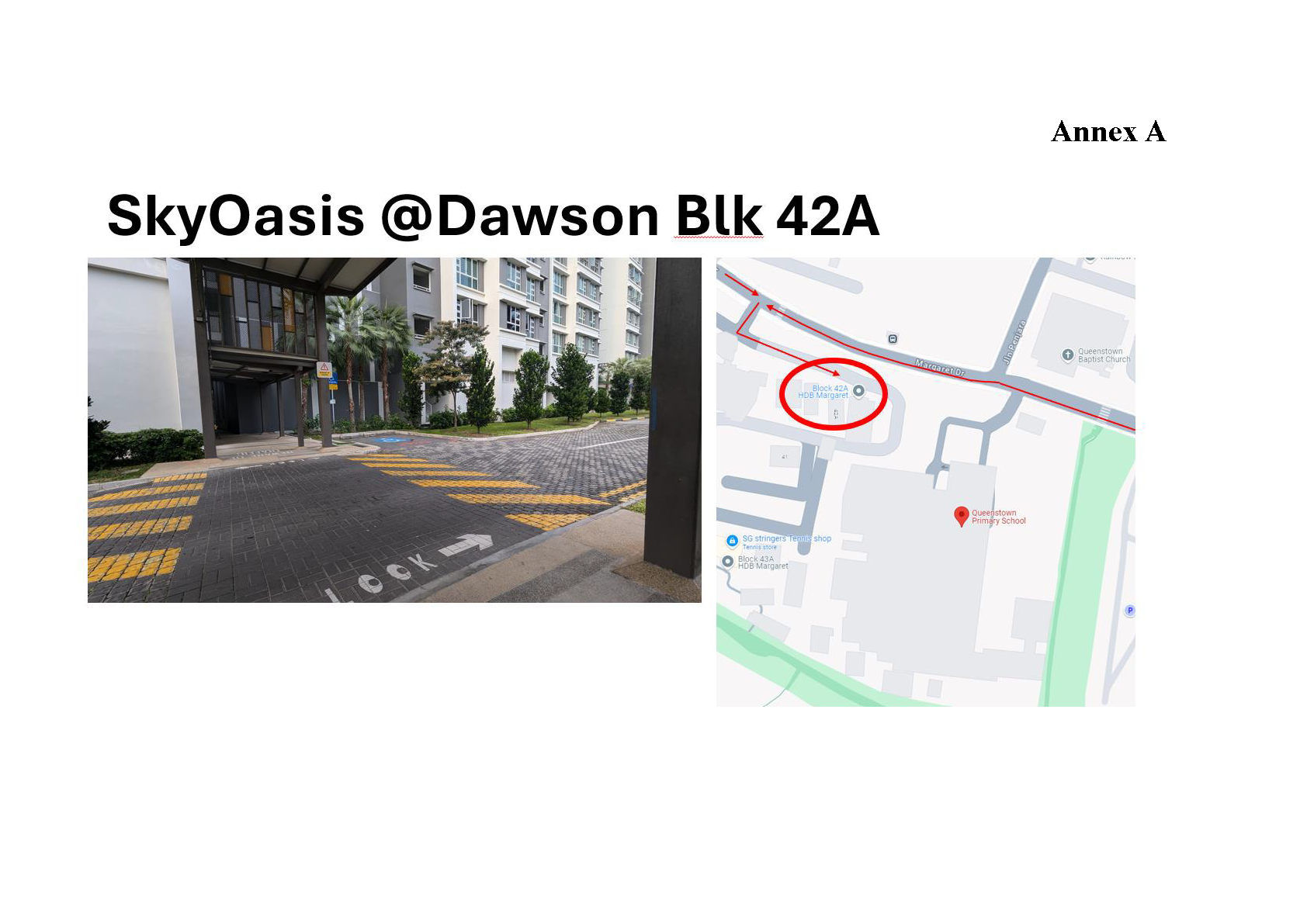 SkyOasis at Dawson Block 42A showing a street-level photo of the building and a map with its location circled.