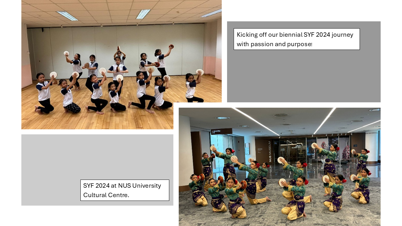 Young dancers in traditional costumes pose with tambourines during SYF 2024 rehearsal and performance at NUS.