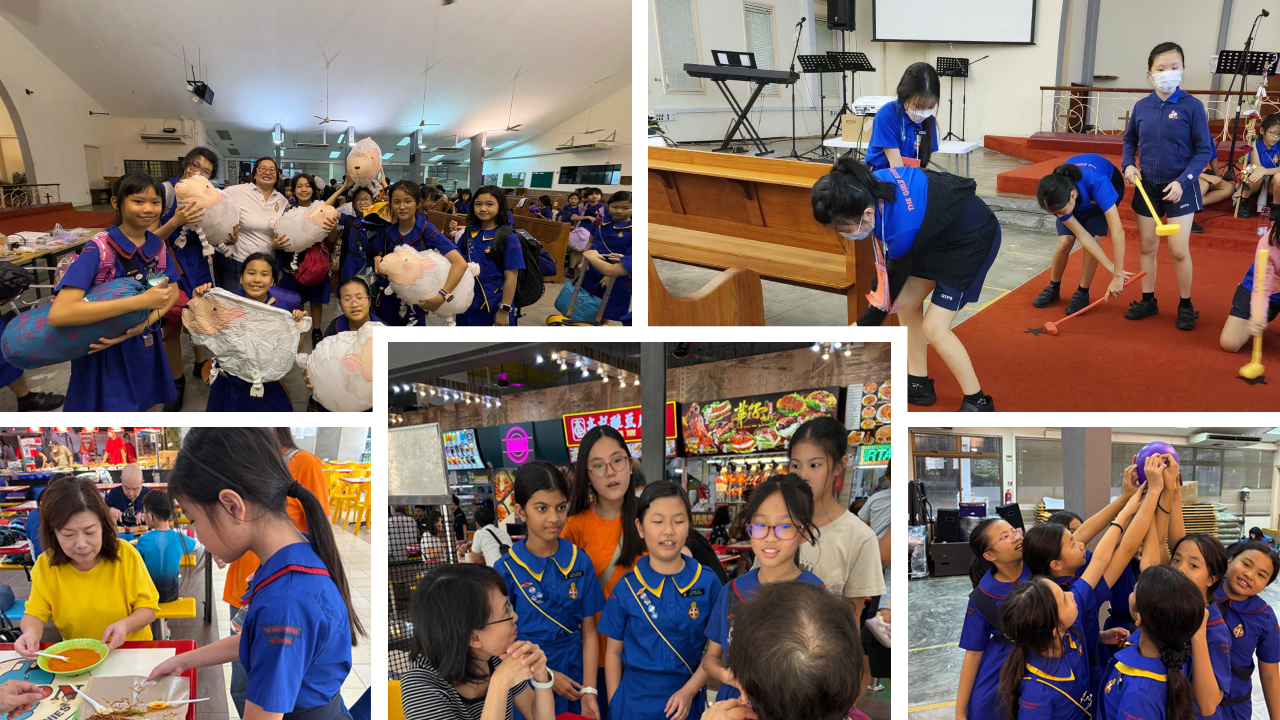 Five photos of girls in blue uniforms doing activities: holding toys, sweeping a church, eating, and playing together.