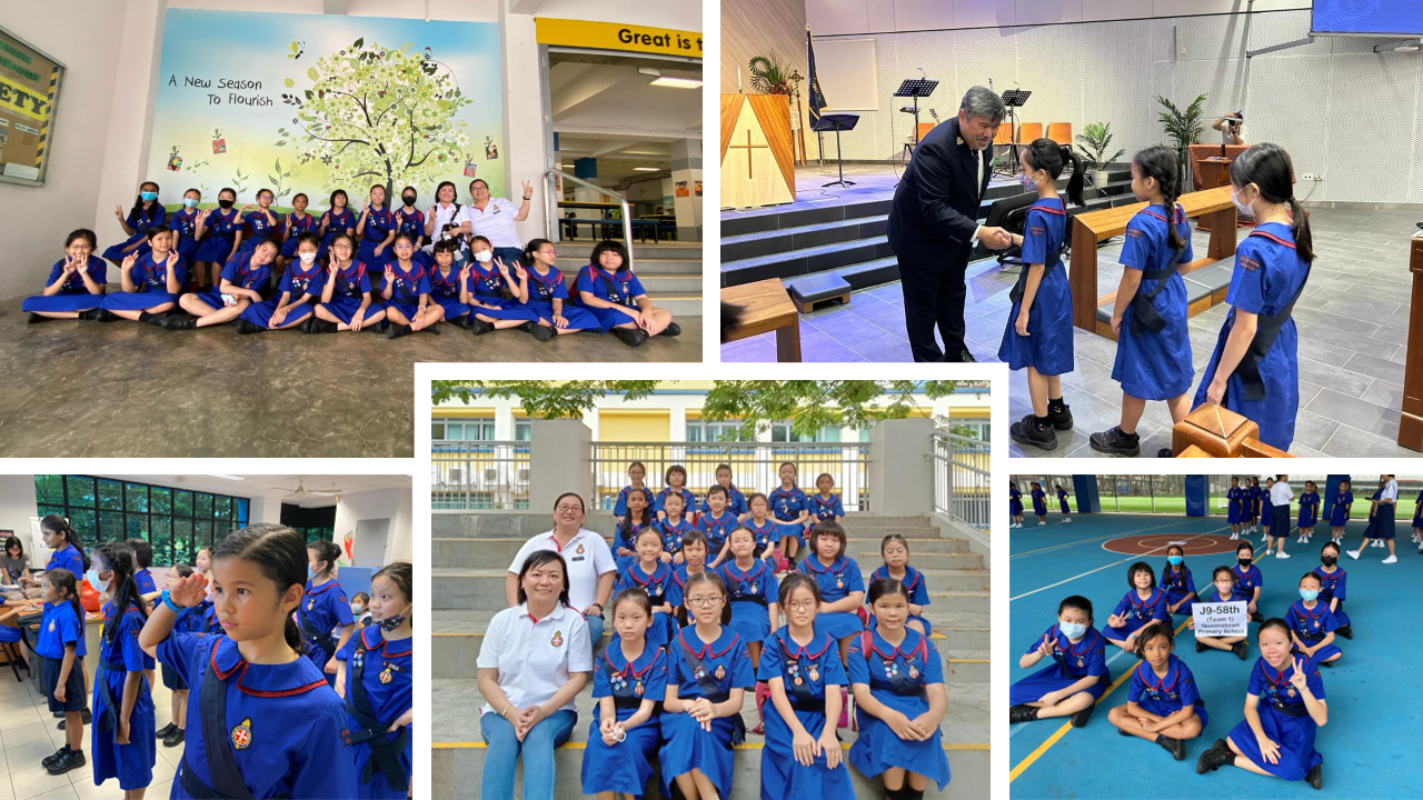 Five photos of girls in blue uniforms posing in groups at school and a church, with adults present.