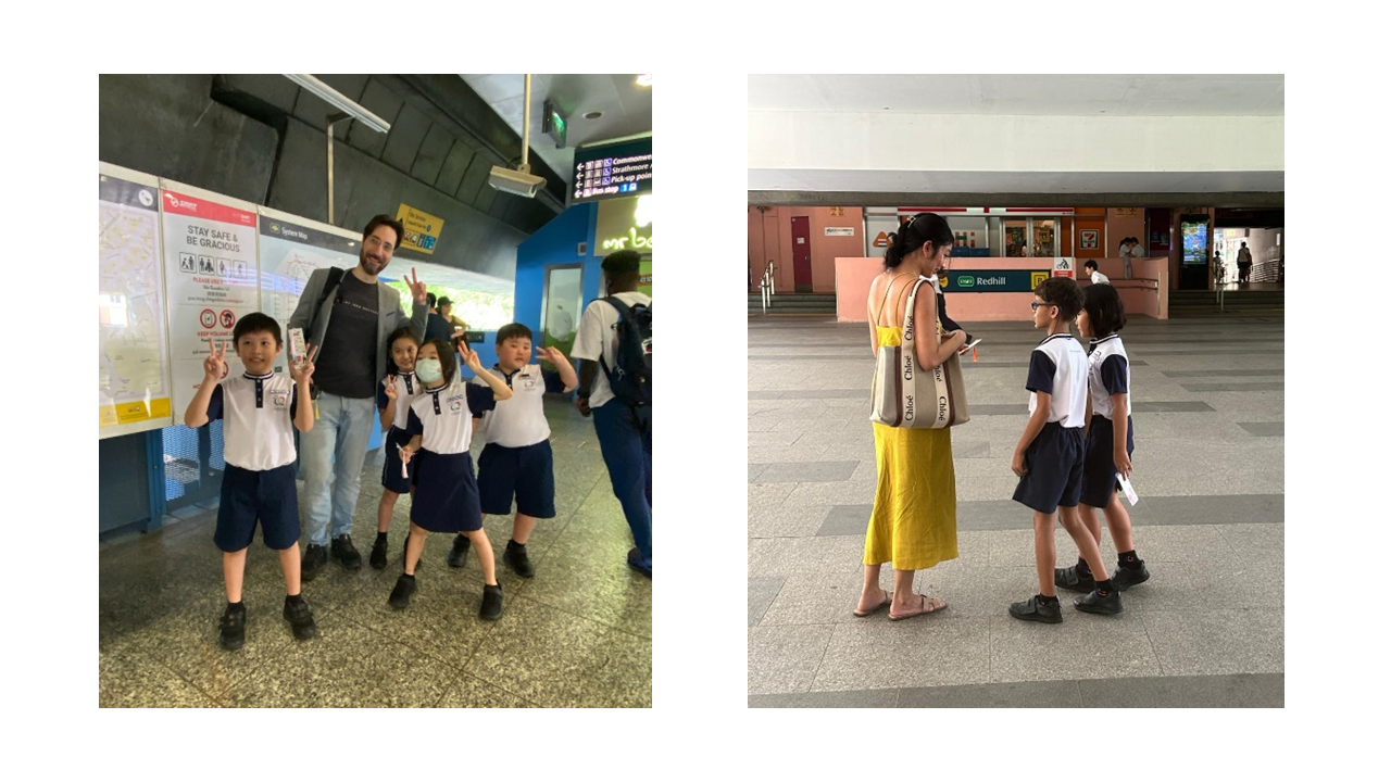 Two scenes at a Singapore MRT station showing young students in school uniforms with adults nearby.