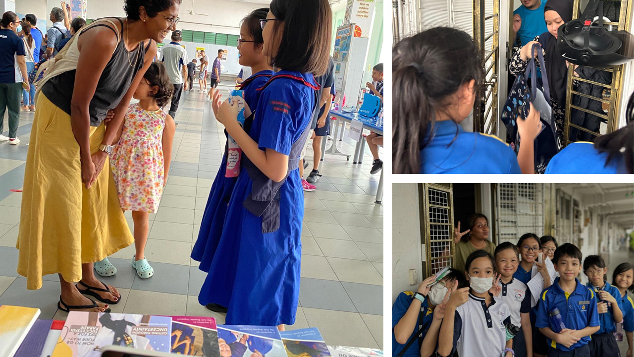 Three scenes at a school event showing children in blue uniforms interacting with adults and posing together.
