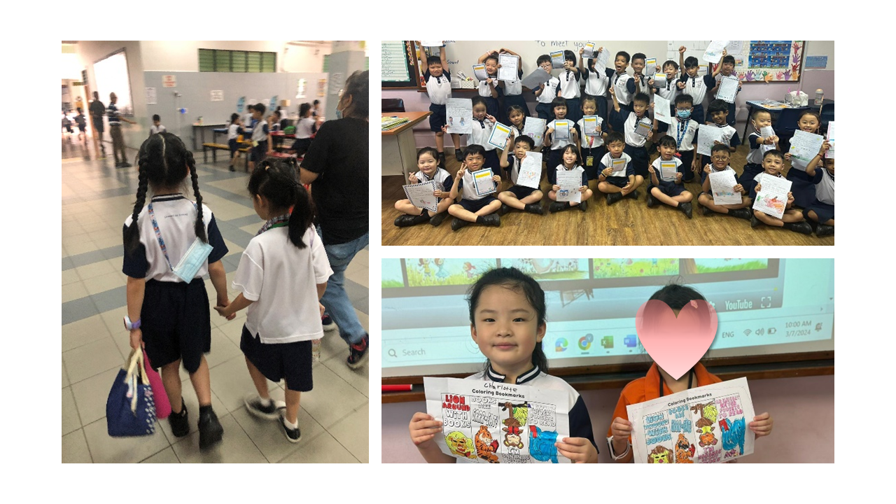 Young school children in uniforms holding drawings and coloring bookmarks, walking in a hallway and posing in a classroom.