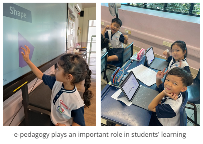 Students in a classroom use tablets with keyboards at desks, engaged in a digital learning activity.