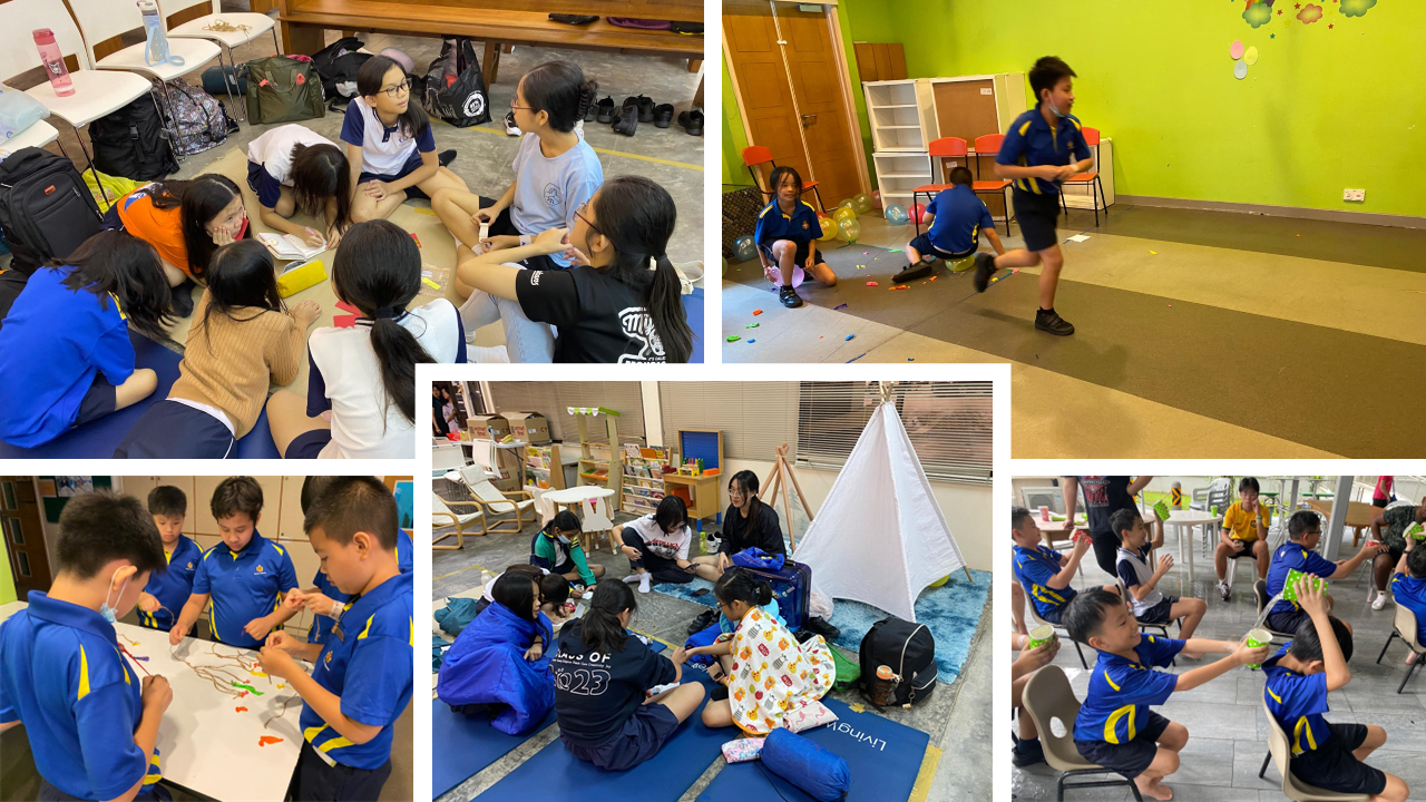 Five photos of school children in blue uniforms doing group activities indoors, including sitting, crafting, and playing.