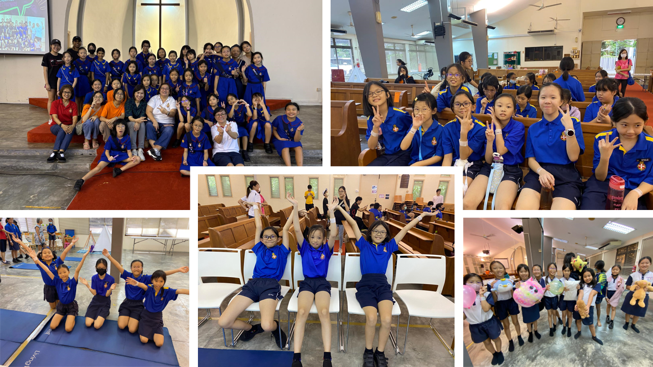 Collage of children in blue uniforms posing, waving, and smiling inside a church hall and indoor spaces.