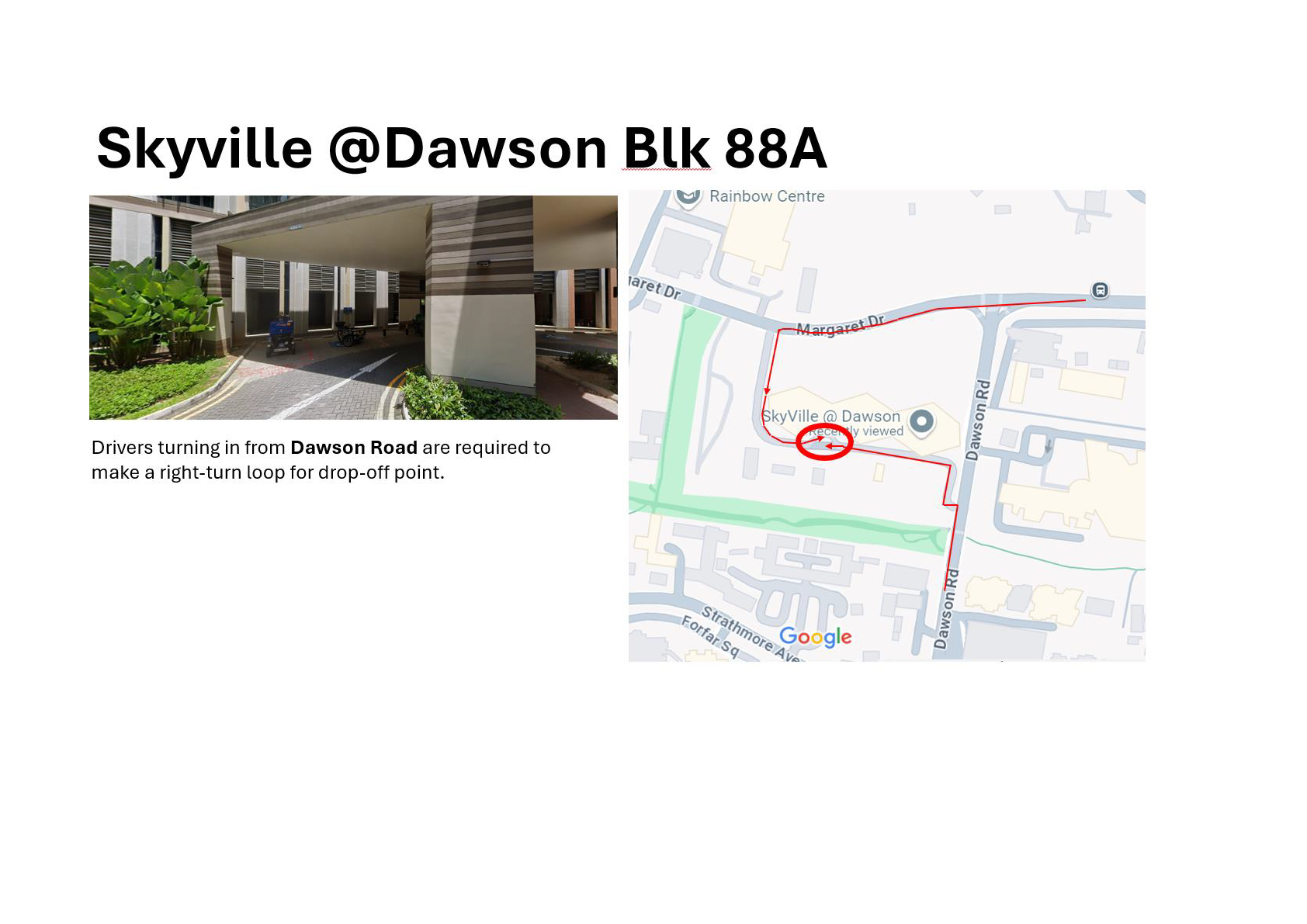 Skyville at Dawson Blk 88A drop-off directions with a building photo and a Google map showing a red route loop.