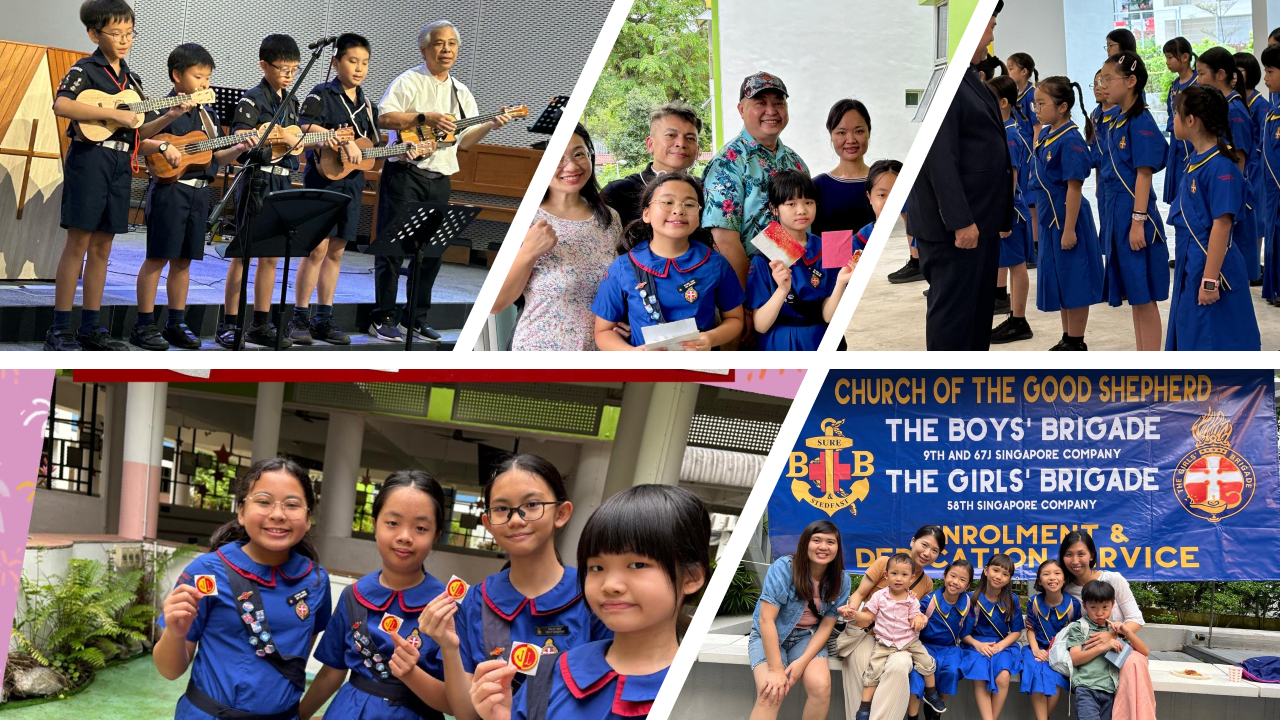 Four-panel collage of Church of the Good Shepherd Boys and Girls Brigade enrolment event with children in blue uniforms.