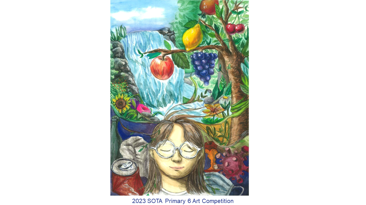 Drawing of a girl with glasses surrounded by nature above and pollution below, labeled 2023 SOTA Primary 6 Art Competition.