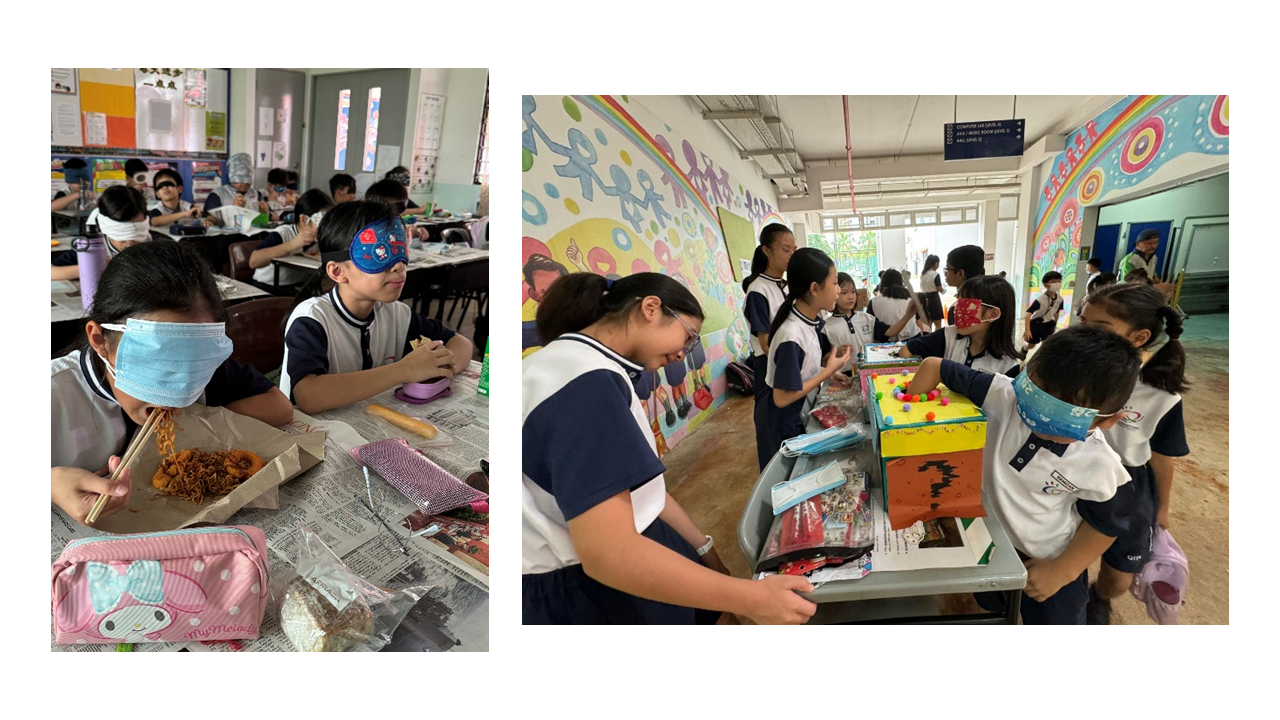 Students wearing blindfolds do activities: one eats noodles with chopsticks, others explore boxes in a colorful hallway.