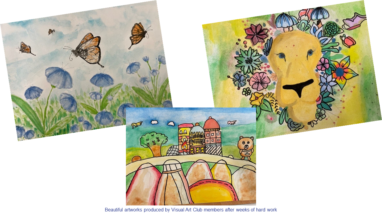 Three children's watercolor paintings showing butterflies over blue flowers, a lion with floral mane, and a colorful town scene.