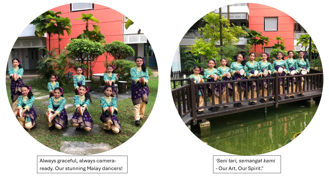 Two group photos of young Malay dancers in teal and purple traditional costumes holding drums outdoors.
