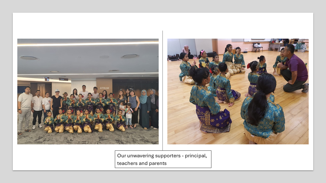 Children in blue and gold traditional costumes pose for a group photo and practice a seated dance with an instructor.