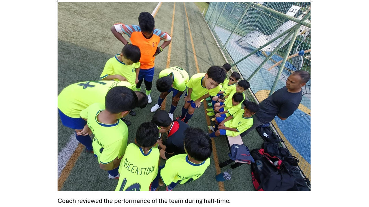 Coach reviewing the performance with the team during half-time.