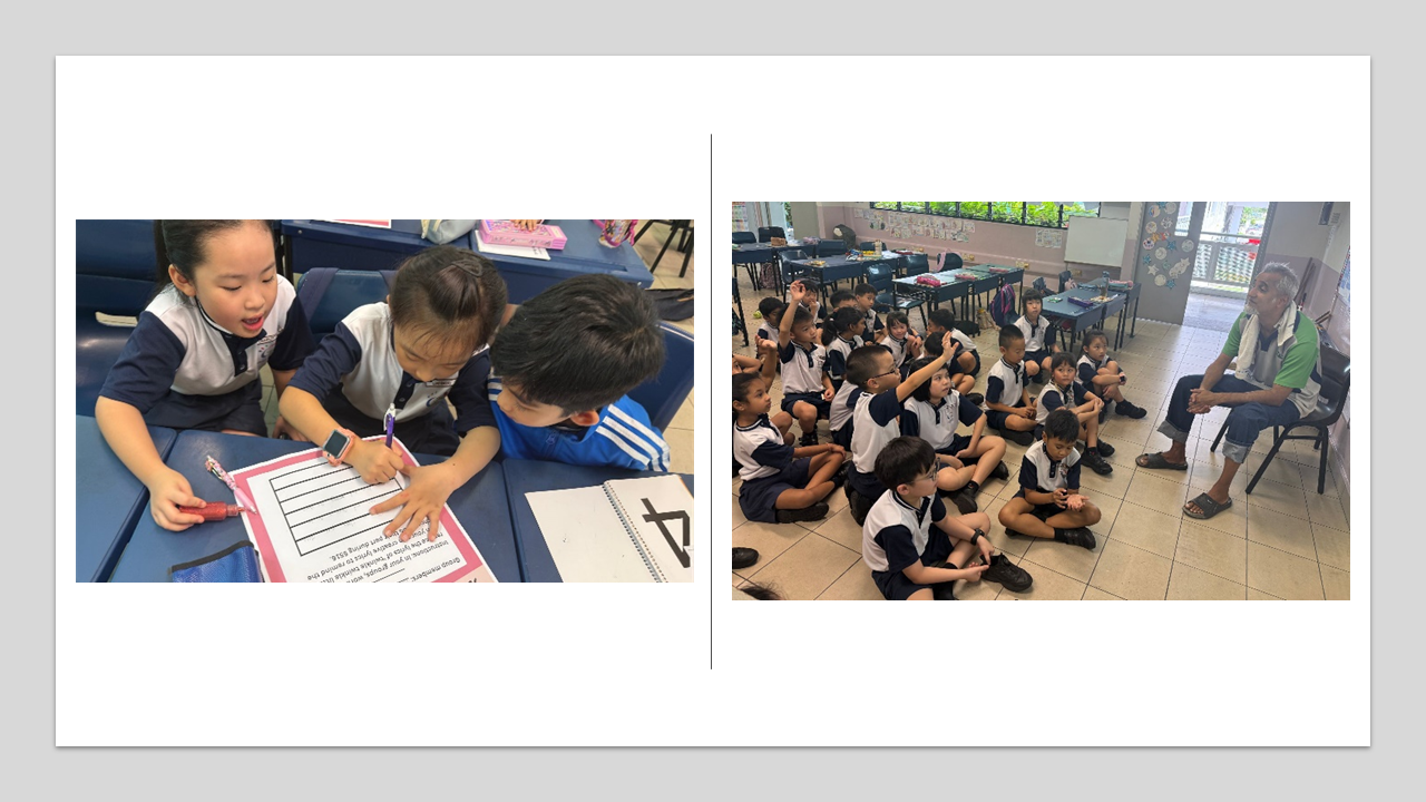 Two school scenes: children writing together at a desk, and a group of young students sitting on a floor facing an adult.